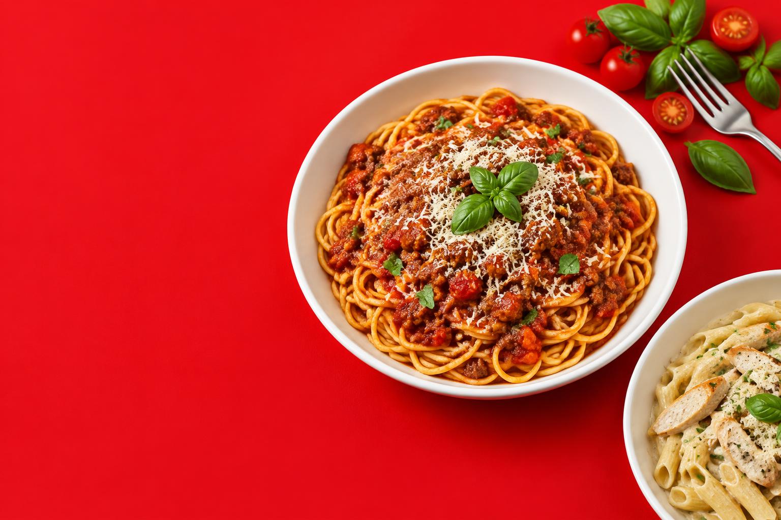 Fresh spaghetti bolognese with parmesan and basil beside creamy chicken pasta